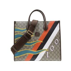 GUCCI Tote Bag Shoulder Strap Geometric Crossbody GG Supreme Leather Brown